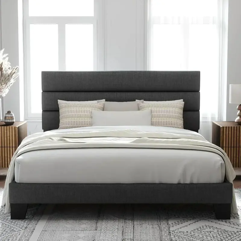 Allewie Queen Platform Bed Frame with Upholstered Headboard and Reinforced Solid Wood Slats 2