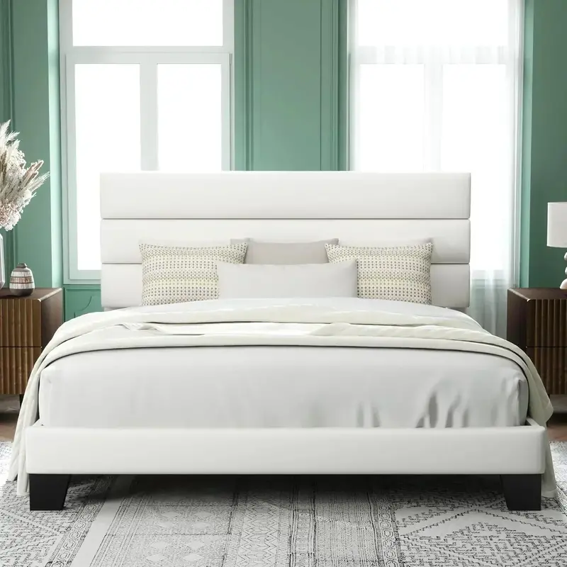 Allewie Queen Platform Bed Frame with Upholstered Headboard and Reinforced Solid Wood Slats