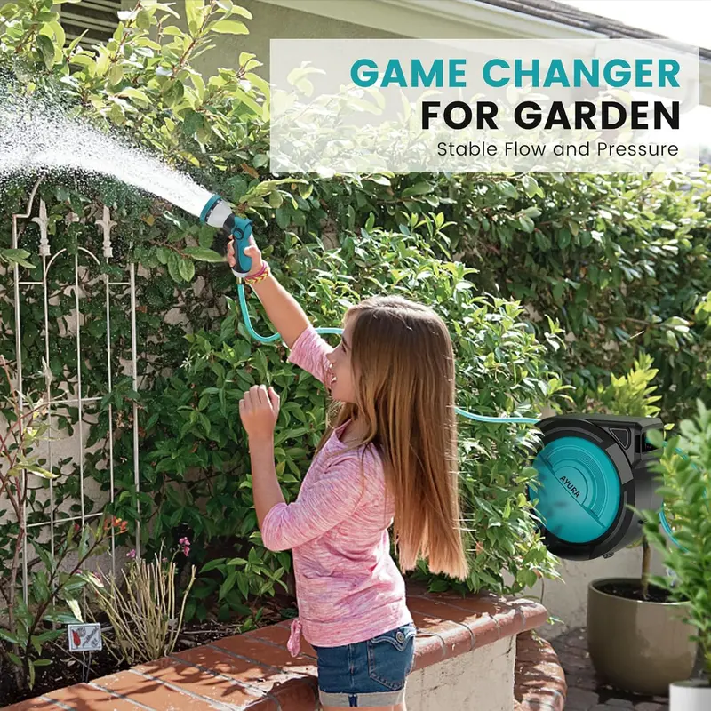 AYURA Auto-Rewind Garden Hose Reel – Retractable Wall-Mounted System with 10-Function Spray Nozzle & Length Lock