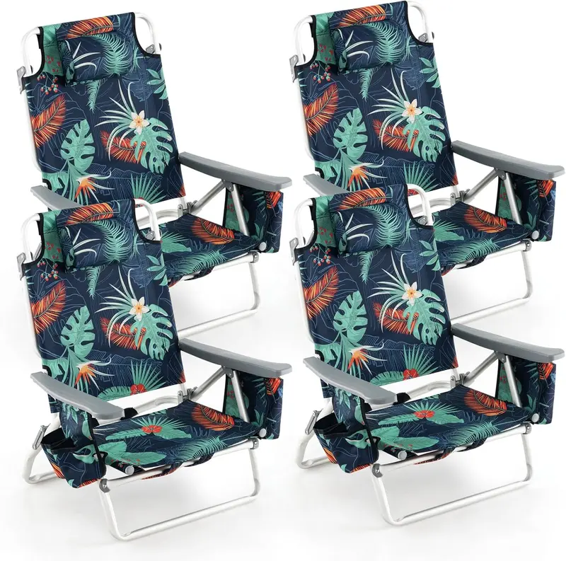 Backpack-Style Beach Chairs – 4-Pack with Insulated Cooler, Cup Holders, No Side Table