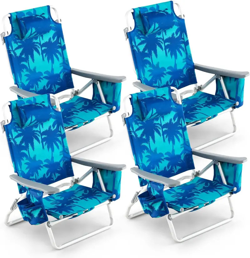 Backpack-Style Beach Chairs – 4-Pack with Insulated Cooler, Cup Holders, No Side Table