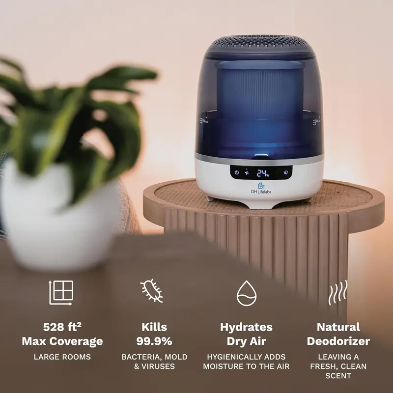 Bedroom Evaporative Humidifier with Air Purification – HOCL-Based Odor & Mildew Eliminator for Rooms up to 538 sq.ft