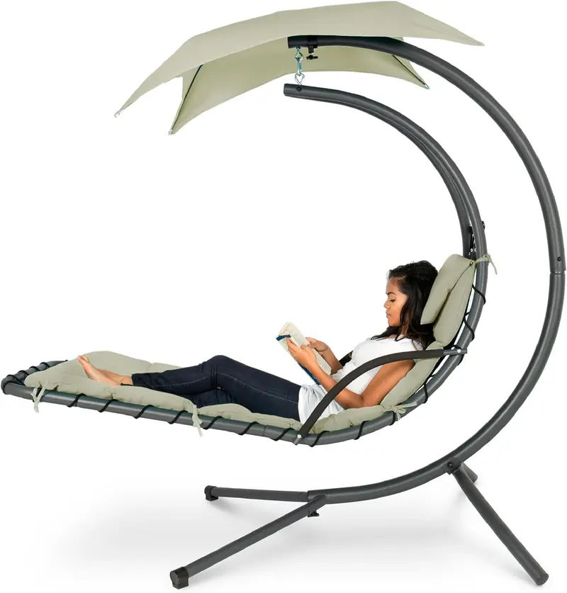 Best Choice Products Curved Steel Hanging Chaise Swing – Teal Outdoor Lounger with Detachable Canopy & Pillow