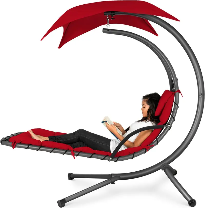 Best Choice Products Curved Steel Hanging Chaise Swing – Teal Outdoor Lounger with Detachable Canopy & Pillow 2