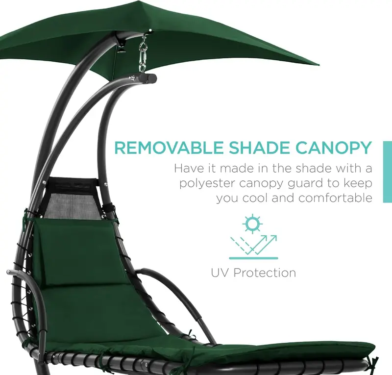 Best Choice Products Curved Steel Hanging Chaise Swing – Teal Outdoor Lounger with Detachable Canopy & Pillow