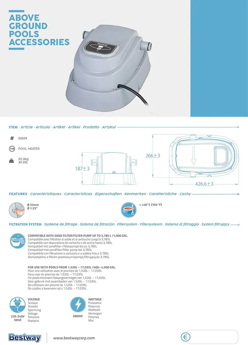 Bestway Electric Pool Heater Compatible with Above-Ground and In-Ground Swimming Pools