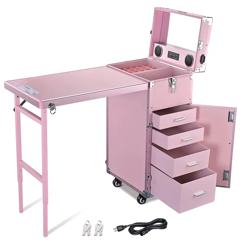 BYOOTIQUE Rolling Nail Art Station – Pink Mobile Makeup Cart Featuring Mirror, 4 Smooth-Glide Drawers
