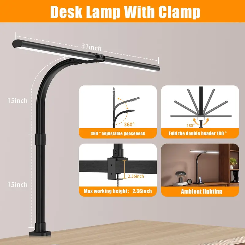 Clamp-Mount Dual-Light LED Desk Lamp – 24W Output, Adjustable CCT and Brightness, Articulating Gooseneck for Workspaces