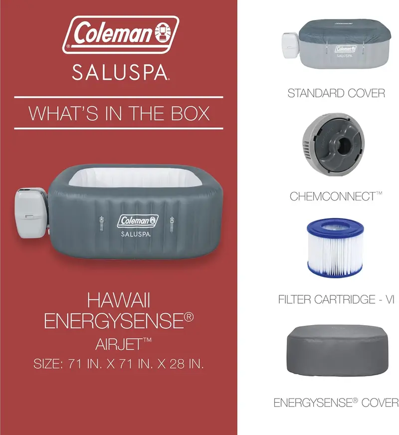 Coleman SaluSpa Atlantis Square Inflatable Hot Tub – Spacious 4–6 Person Outdoor Spa with 140 Jets