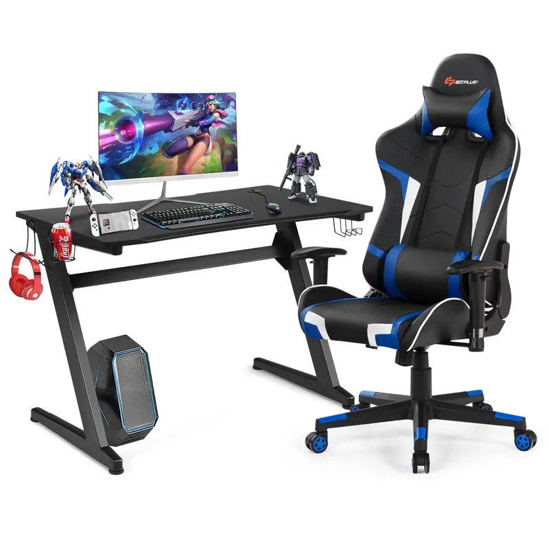 Complete Gaming Workstation Bundle: Racing Chair, Desk with Mouse Pad, Cup Holder & Headphone Hook