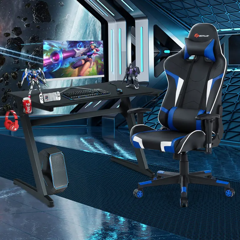 Complete Gaming Workstation Bundle: Racing Chair, Desk with Mouse Pad, Cup Holder & Headphone Hook 2