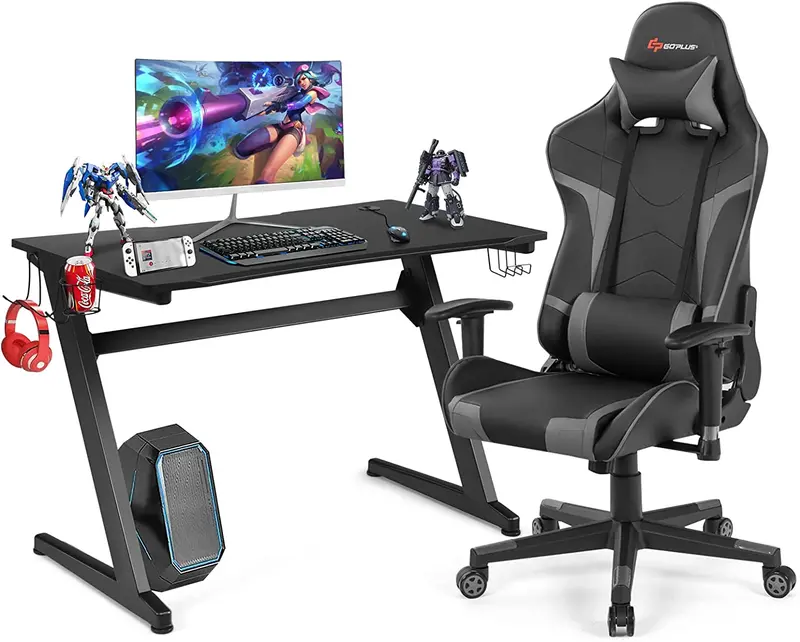 Complete Gaming Workstation Bundle: Racing Chair, Desk with Mouse Pad, Cup Holder & Headphone Hook