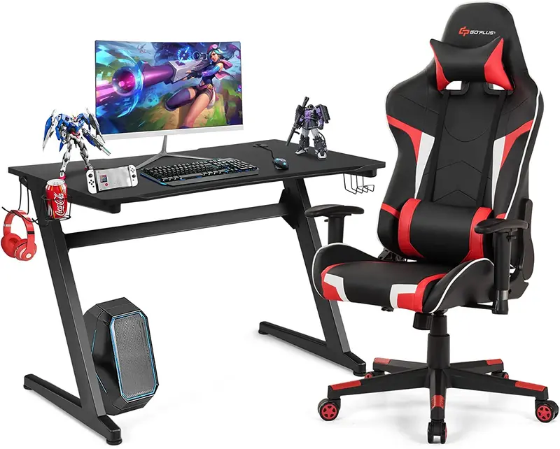 Complete Gaming Workstation Bundle: Racing Chair, Desk with Mouse Pad, Cup Holder & Headphone Hook