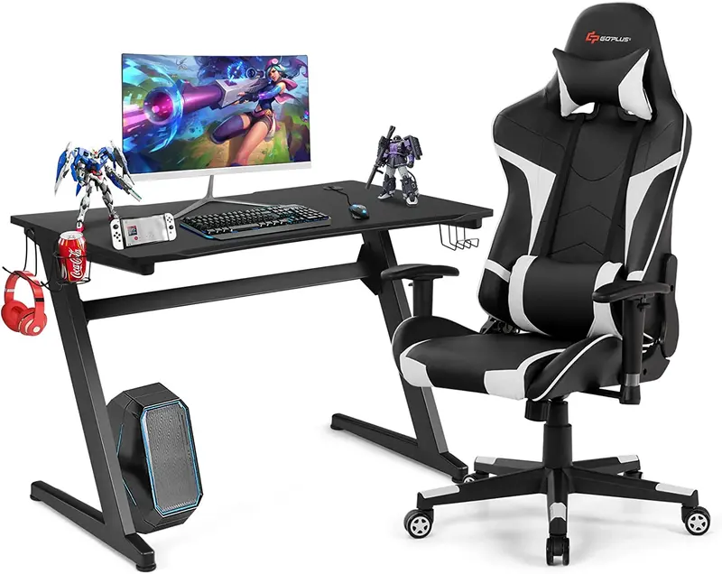Complete Gaming Workstation Bundle: Racing Chair, Desk with Mouse Pad, Cup Holder & Headphone Hook