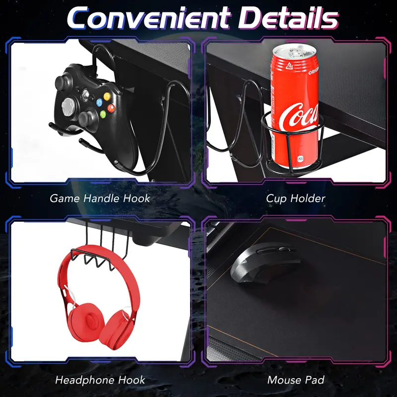 Complete Gaming Workstation Bundle: Racing Chair, Desk with Mouse Pad, Cup Holder & Headphone Hook