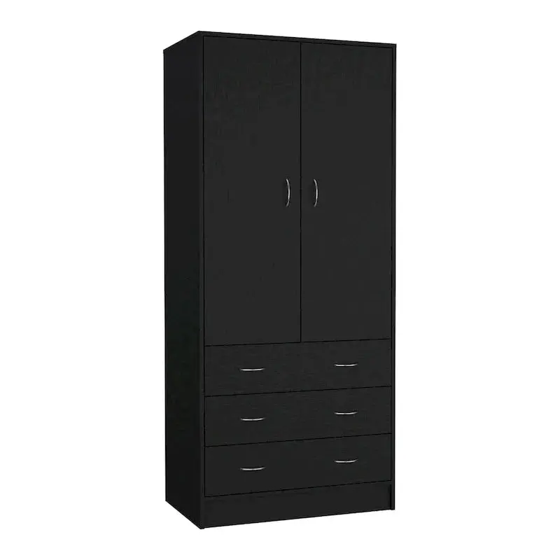Contemporary Double-Door Armoire – Tall Bedroom Storage Cabinet with Hanging Rod and Three Interior Drawers