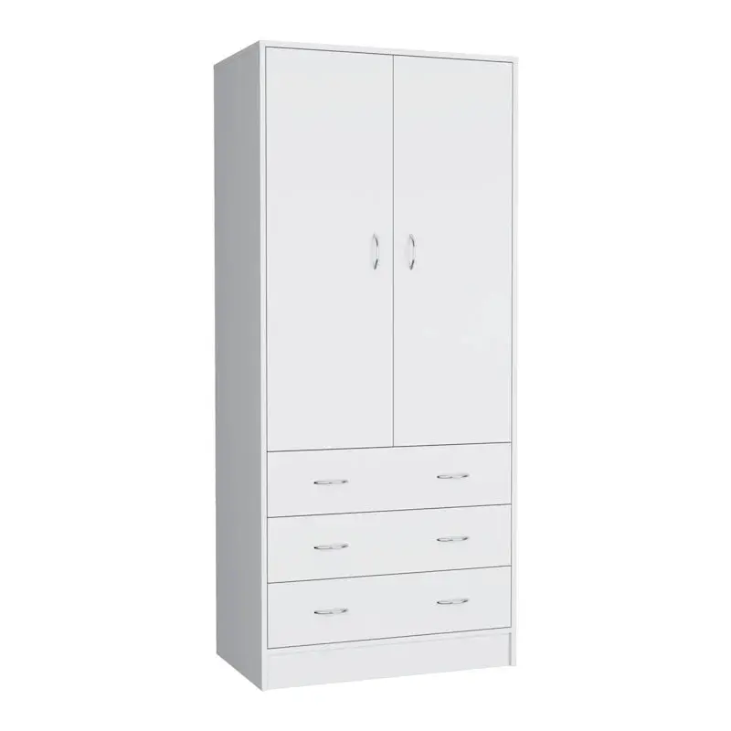 Contemporary Double-Door Armoire – Tall Bedroom Storage Cabinet with Hanging Rod and Three Interior Drawers 2