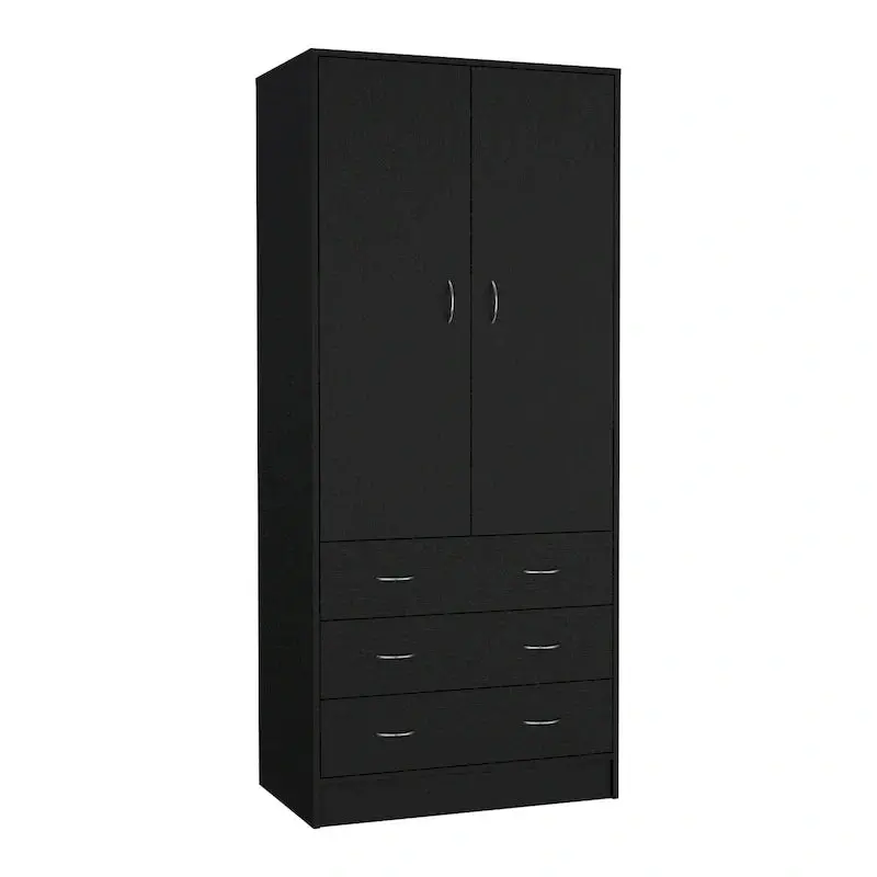Contemporary Double-Door Armoire – Tall Bedroom Storage Cabinet with Hanging Rod and Three Interior Drawers