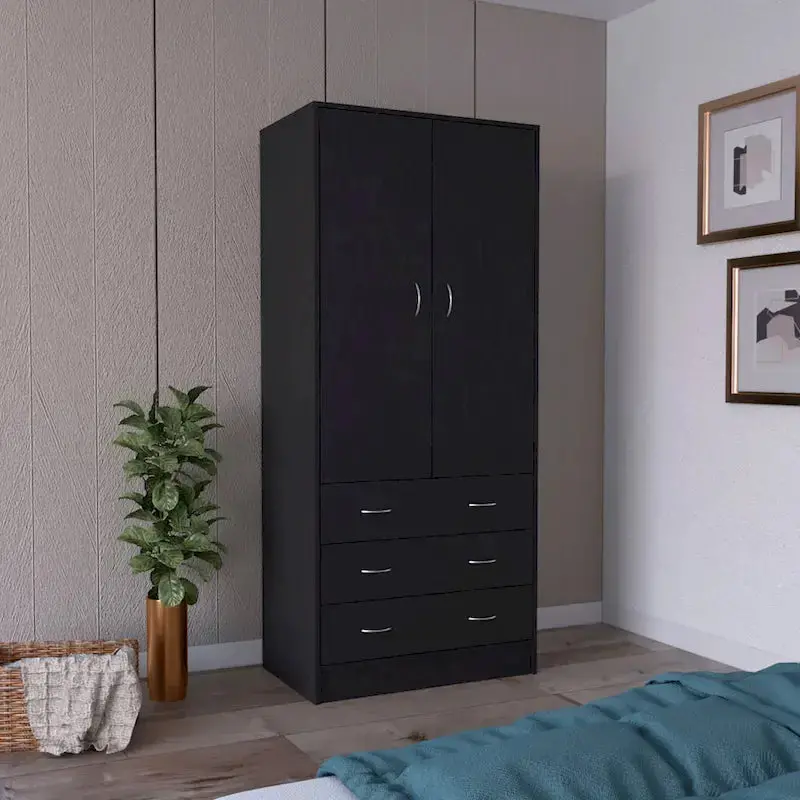 Contemporary Double-Door Armoire – Tall Bedroom Storage Cabinet with Hanging Rod and Three Interior Drawers