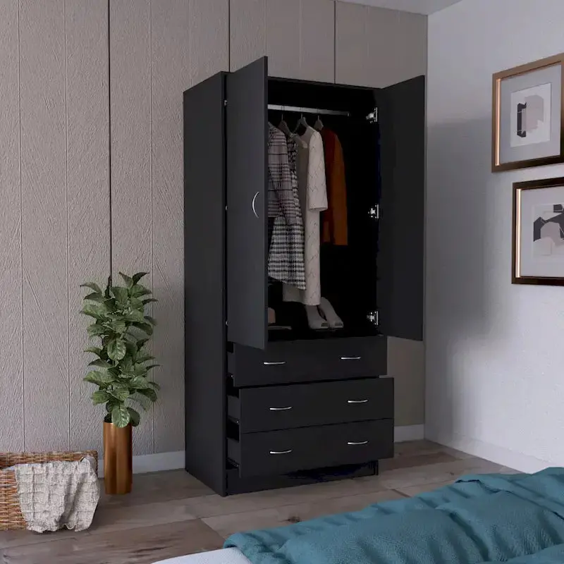 Contemporary Double-Door Armoire – Tall Bedroom Storage Cabinet with Hanging Rod and Three Interior Drawers