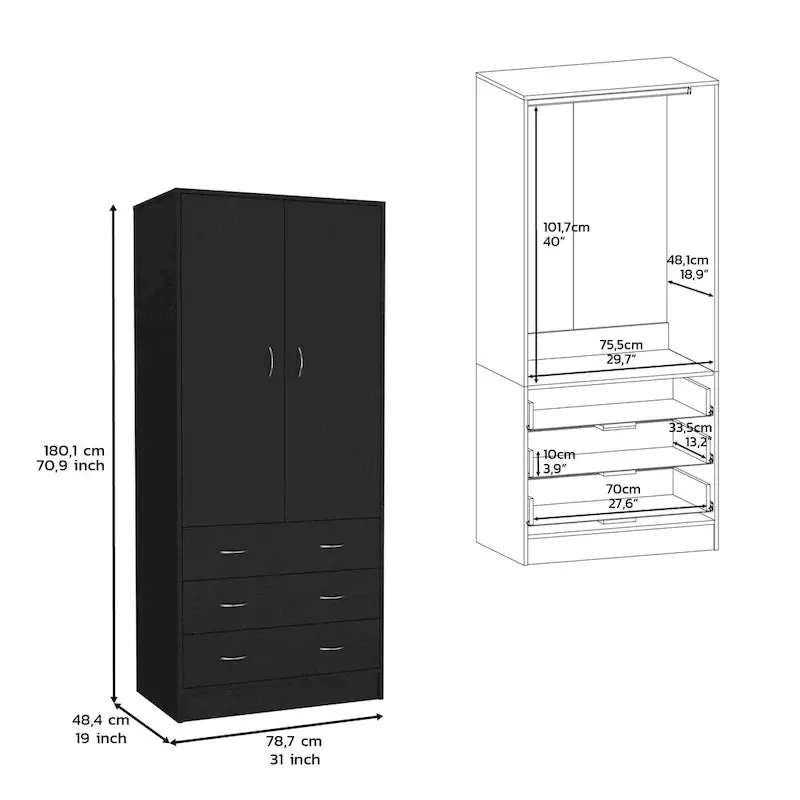 Contemporary Double-Door Armoire – Tall Bedroom Storage Cabinet with Hanging Rod and Three Interior Drawers