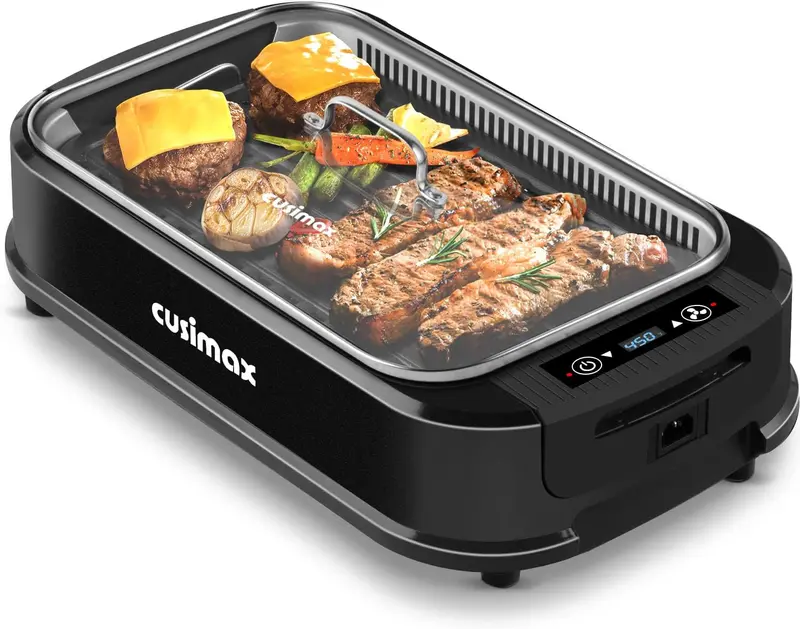 CUSIMAX Turbo Smokeless Indoor Grill – Tempered Glass Lid, Single Non-Stick Plate & High-Efficiency Smoke Extractor