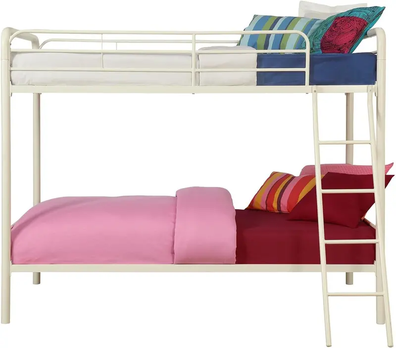 DHP Dusty Twin-Over-Full Bunk Bed – Industrial-Inspired Off-White Metal Frame with Integrated Ladder & Safety Rails