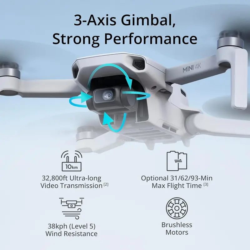DJI Mini 4K Drone – Ultra-Compact 4K UHD Camera Quadcopter Under 249g Featuring 3-Axis Stabilization, 10km HD Transmission, and 31-Minute Flight Duration