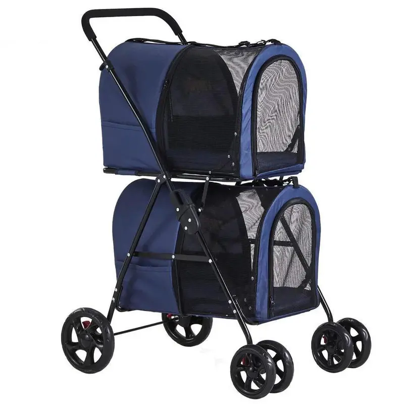 Double Pet Stroller – 42-Inch Navy Foldable Stroller with Four-Wheel Suspension for Two Dogs or Cats