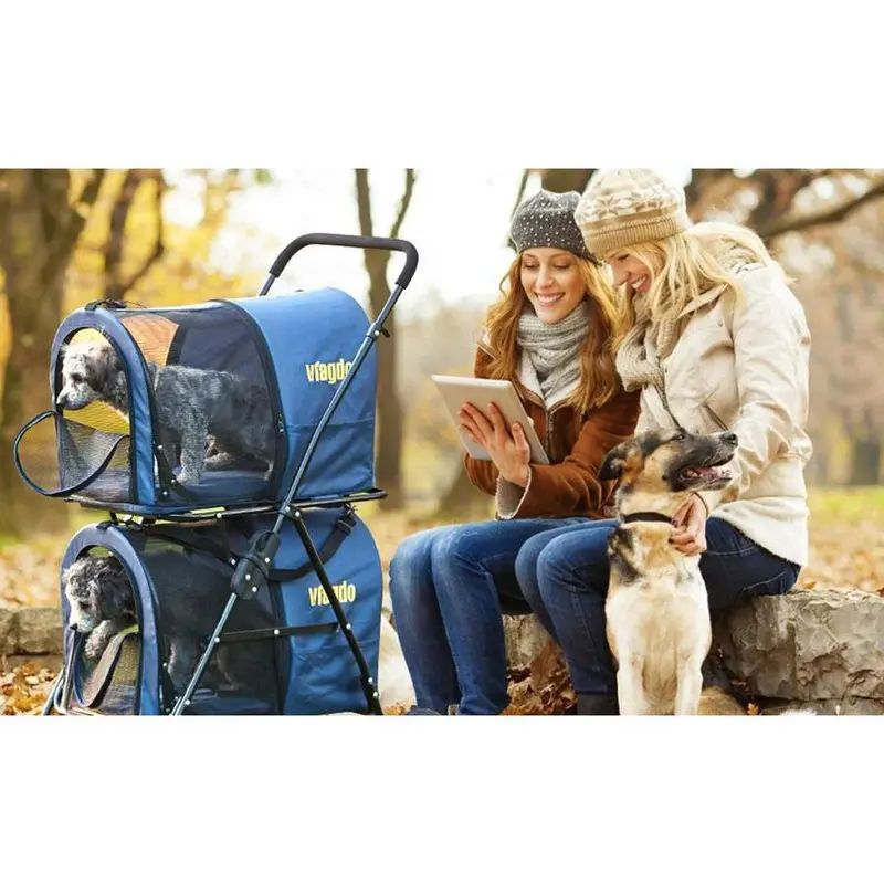 Double Pet Stroller – 42-Inch Navy Foldable Stroller with Four-Wheel Suspension for Two Dogs or Cats