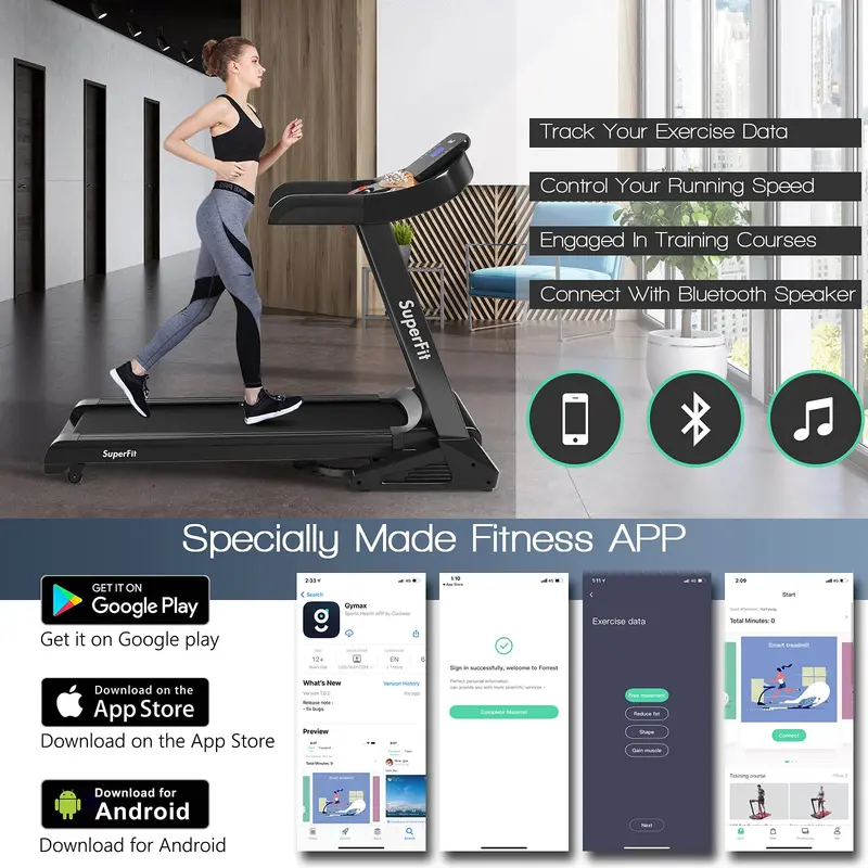 Electric Folding Treadmill – 3.75HP Motor, Adjustable Incline, Smart App Integration, and 15 Preset Workouts