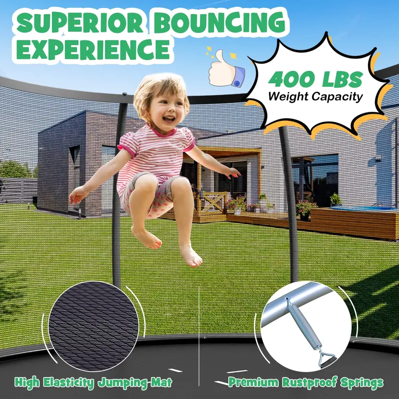 Enclosed Outdoor Trampoline – 8 ft / 10 ft / 12 ft Safe Bounce Platform with 400 lb Weight Capacity
