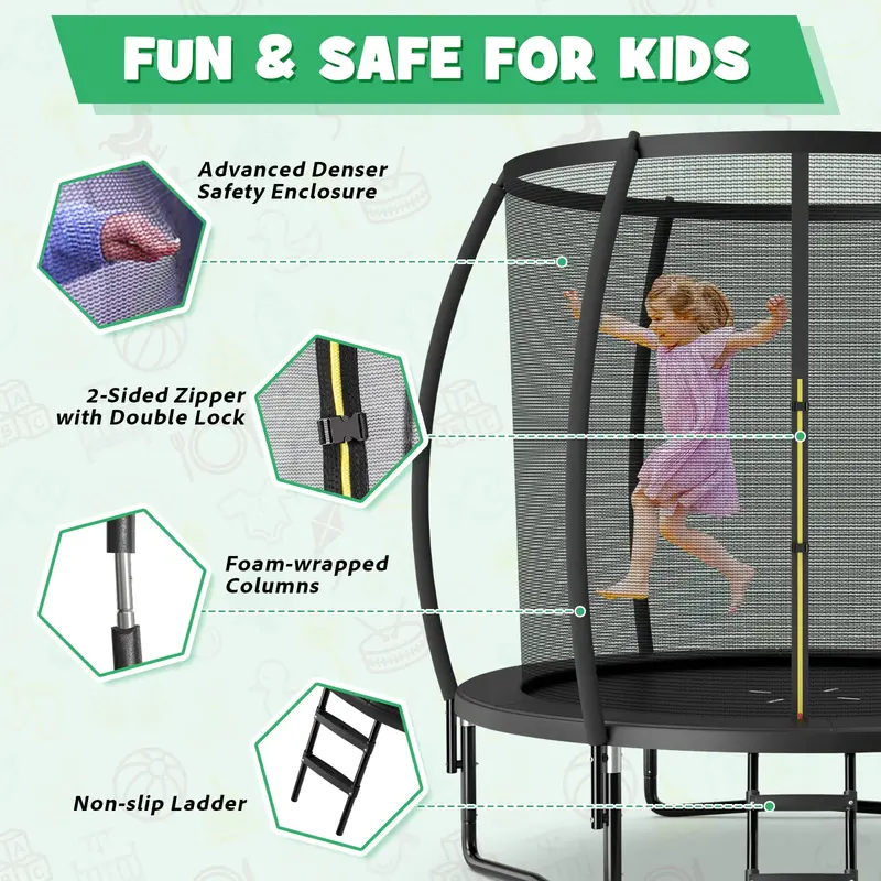 Enclosed Outdoor Trampoline – 8 ft / 10 ft / 12 ft Safe Bounce Platform with 400 lb Weight Capacity