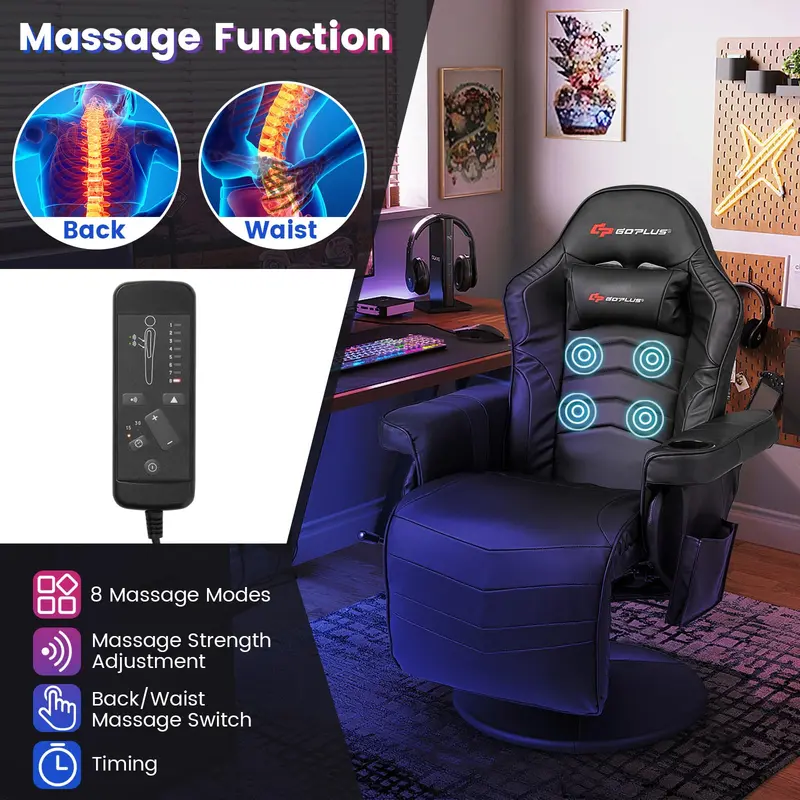 Ergonomic Gaming Chair – Height Adjustment, Built-In Massage, Retractable Footrest