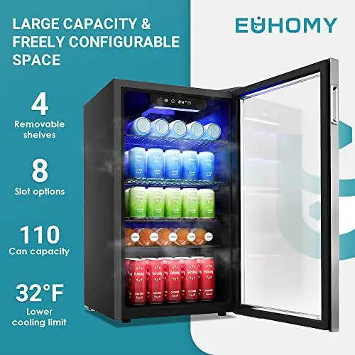Euhomy Glass-Front Beverage Cooler – 126-Can Mini Fridge Ideal for Drinks and Snacks