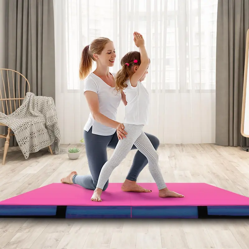 Extra-Thick 48-Inch Bi-Fold Exercise Mat with PU Leather Surface and Integrated Carry Handles