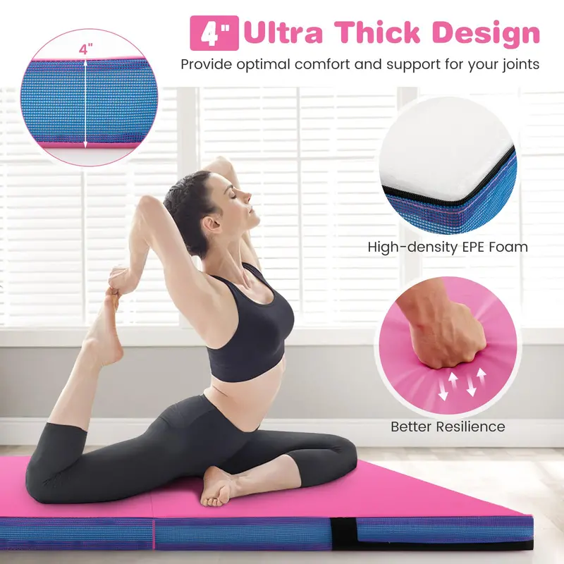 Extra-Thick 48-Inch Bi-Fold Exercise Mat with PU Leather Surface and Integrated Carry Handles