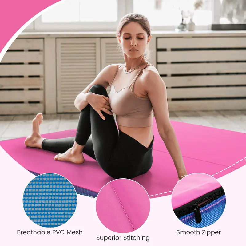 Extra-Thick 48-Inch Bi-Fold Exercise Mat with PU Leather Surface and Integrated Carry Handles