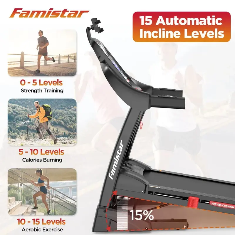 Famistar Compact Folding Treadmill – 15-Level Auto Incline, 300-Pound Weight Capacity, 10 MPH Top Speed