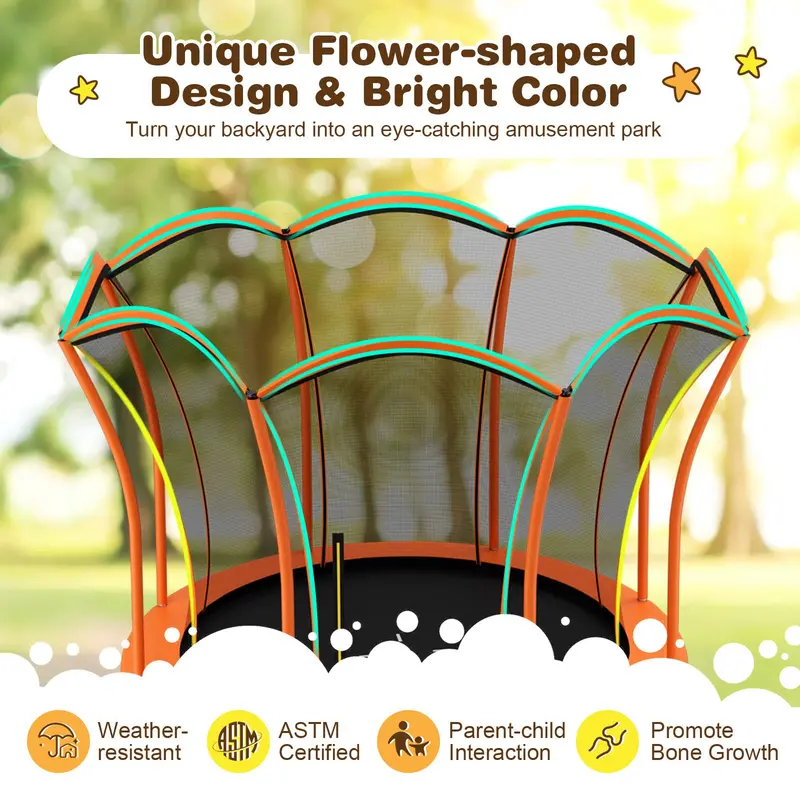 Flower-Design Outdoor Trampoline – ASTM-Certified 8 ft or 10 ft Round Bouncing Platform