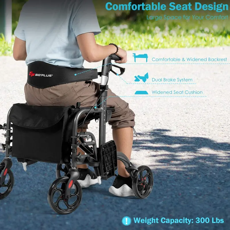 Foldable 4-Wheel Rollator Walker with Built-in Seat and Dual-Function Support
