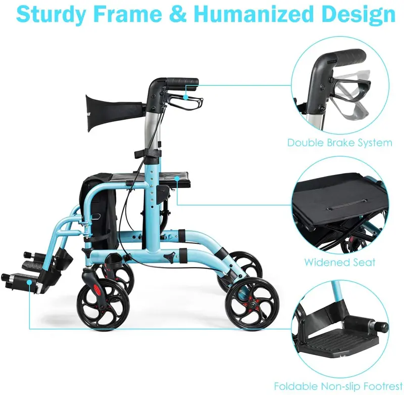 Foldable 4-Wheel Rollator Walker with Built-in Seat and Dual-Function Support