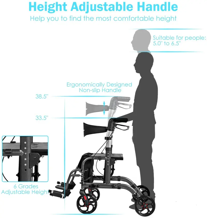 Foldable 4-Wheel Rollator Walker with Built-in Seat and Dual-Function Support