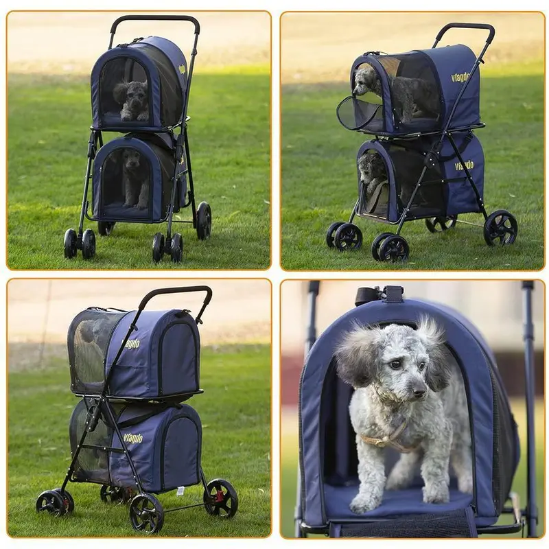 Foldable Double Pet Stroller – 42-Inch All-Terrain Carrier with Suspension System for Two Small Dogs or Cats (Navy)