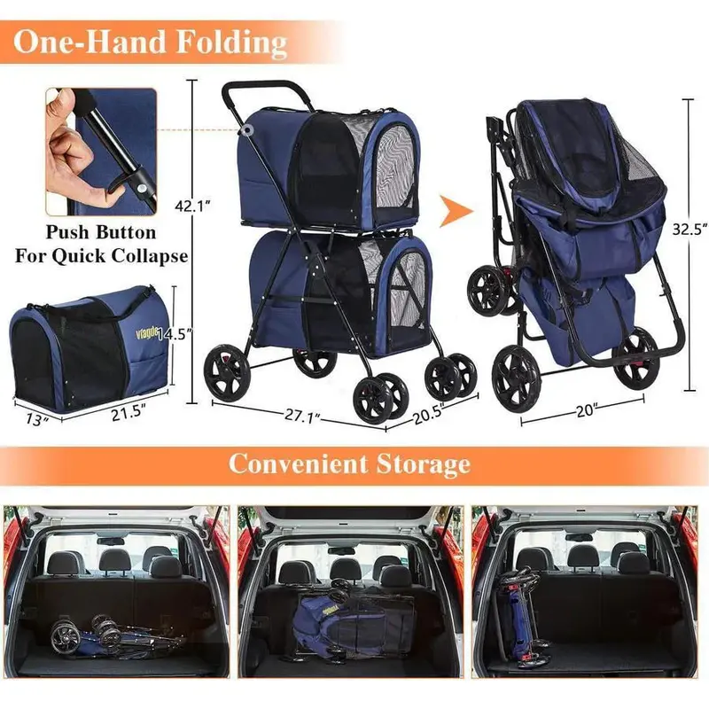 Foldable Double Pet Stroller – 42-Inch All-Terrain Carrier with Suspension System for Two Small Dogs or Cats (Navy)
