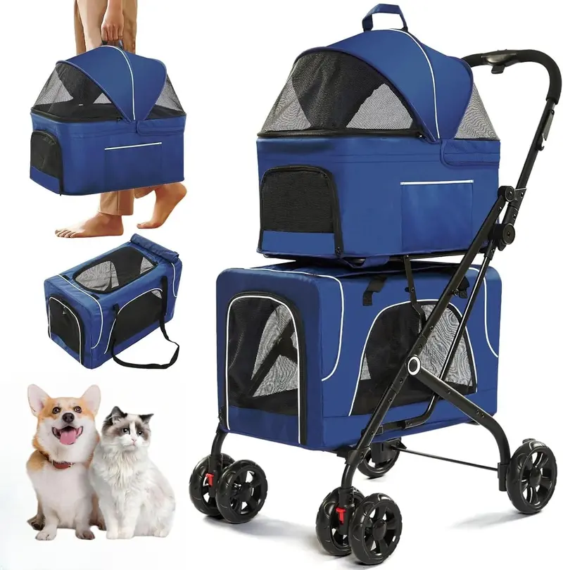 Foldable Double Pet Stroller with Dual Detachable Crates, Locking Wheels, and Safety Harnesses