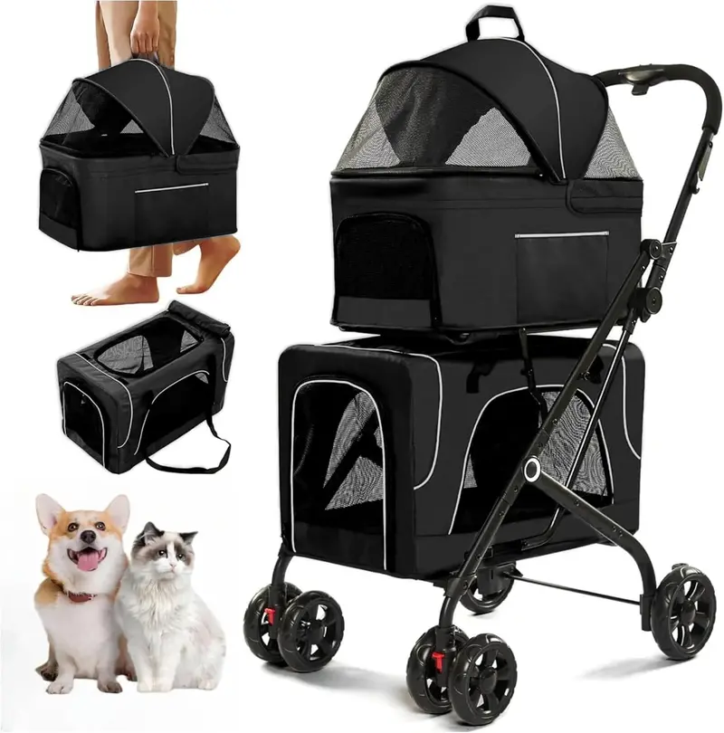 Foldable Double Pet Stroller with Dual Detachable Crates, Locking Wheels, and Safety Harnesses 3