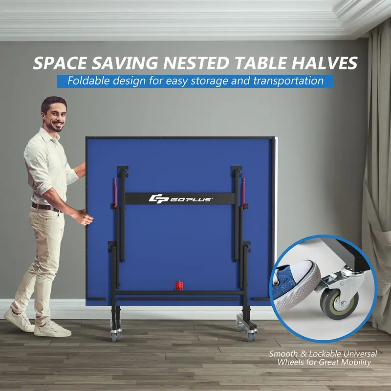 Foldable Regulation Ping Pong Table – 9' x 5' Table Tennis Set with Quick-Release Net & Mobility Wheels