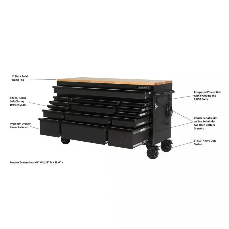 Heavy-Duty 61" Mobile Workbench – 15-Drawer Steel Cabinet with Solid Wood Work Surface