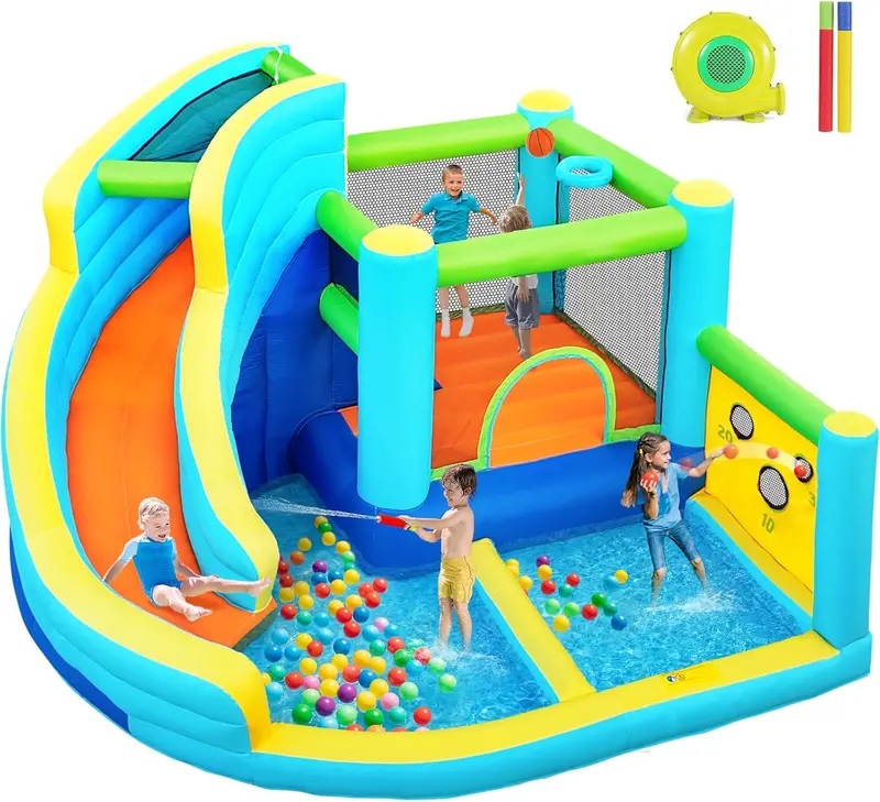 Inflatable Outdoor Play Center with Water Slide, Climbing Wall, Splash Pool, Ball Shooter, and Built-In 450W Blower